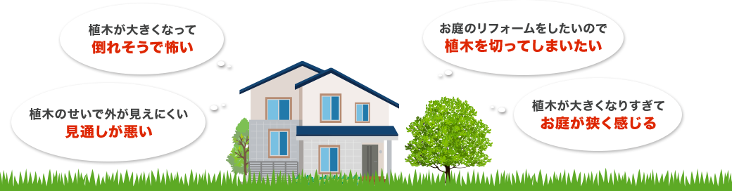 植木が大きくなって倒れそうで怖い お庭のリフォームをしたいので植木を切ってしまいたい 植木のせいで外が見えにくい見通しが悪い 植木が大きくなりすぎてお庭が狭く感じる