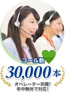 コール数 30,000本 オペレーター完備！年中無休で対応！